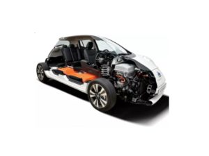 A cross-section of an electric vehicle on a white background.