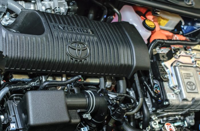 A close-up of a Toyota hybrid’s engine block.